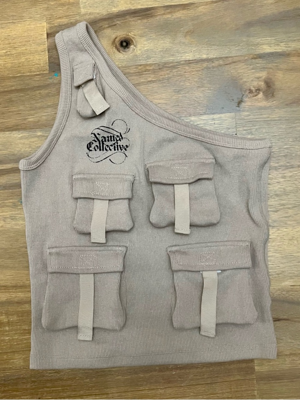 Named Collective Rave One Shoulder Top Khaki Small Medium Utility Style Pockets